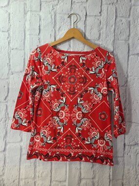 The Talbots Tee Petite Medium Vibrant Red Bird Bandana Print Quarter Sleeve Tee